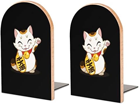 Lucky Fortune Pintura de gato de Lucky Wood Bookend Decorative Non-Skid Livro final 1 par 7x5 polegadas