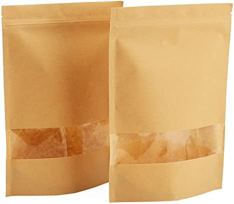 Mouyat 200 PCs 7 x 10 polegadas Kraft bolsas de pé, sacos de papel kraft com janela, sacos de armazenamento de alimentos com