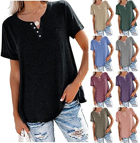 Camisetas básicas para mulheres, botão de tee sólido regular vos de pescoço casuais blusas de verão soltas tops de manga curta simples