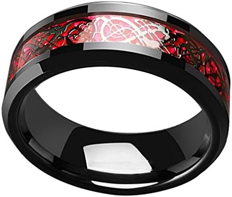 Anel de dragão celta preto de fibra de carbono vermelho de 8 mm para homens bordas de casamento de bordas