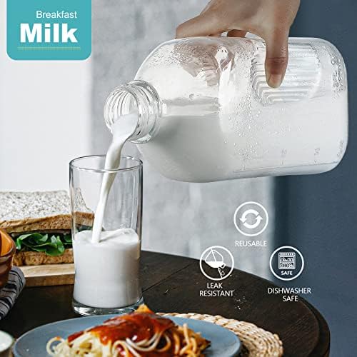 Pacote de 3 pacote 64 oz garrafa de leite de vidro pesado com tampa de parafuso aérea reutilizável, garrafa de água de vidro de 2 qt com 2 linhas de escala exata - jarro de leite de vidro jarro - 1/2 gal garrafas de suco