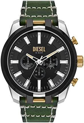 Diesel Men 51mm Split Quartz Aço inoxidável e relógio de cronógrafo de couro, cor: preto/prata, verde