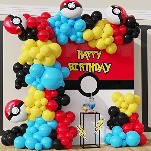 Kit de guirlanda de arco de balões Pokemon, 155pcs Balões de látex amarelo azul vermelho, balões de papelão de pokeball para cartoon monstro de chá de bebê decorações de festas de aniversário