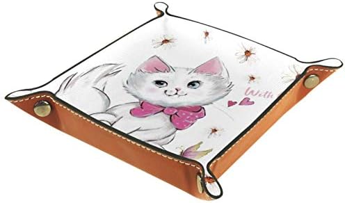 Jogos dobráveis ​​de rolamento Bandejas de jóias quadradas de couro e relógio, chave, moeda, caixa de armazenamento de doces 14,5 cm/5.7 em gato branco
