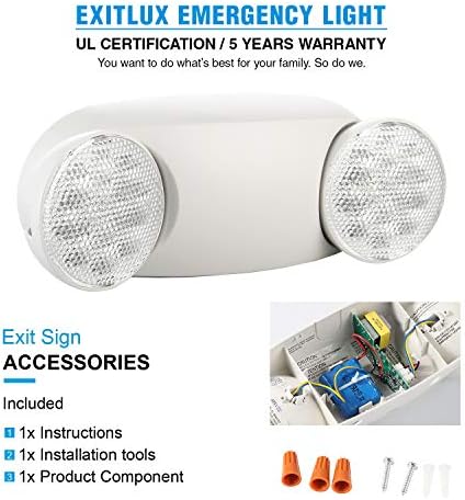 EXITLUX 4 Pacote LED de LED branco com backup de bateria, duas luminárias de emergência ajustáveis ​​de cabeça de luminária de materiais à prova de incêndio/luminária de emergência/luminária de emergência Home