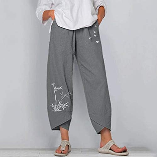 Zhuyou Womens Summer Cotton Linen calça de linho casual cintura larga harém calça calça de folga leve e folgada com bolsos