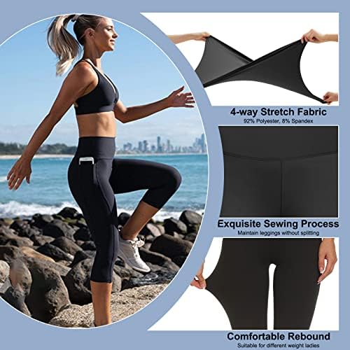 3 embalam leggings com bolsos para mulheres, calças de ioga de controle de barriga de cintura alta de cintura alta