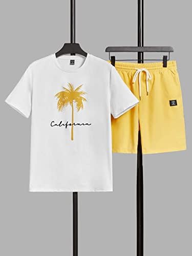 Nibhz roupas de duas peças para homens, coco árvore e letra, camiseta gráfica com shorts de cintura de cordão