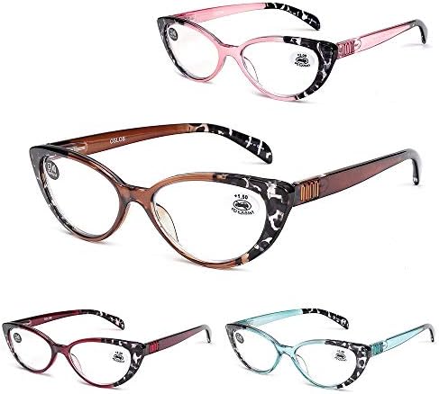 OSLOB 4 Pack Cat Eye Reading Glasses For Women Blue Blocking Readers com Spring Hinge Anti Glare UV （Mix, 1,75）