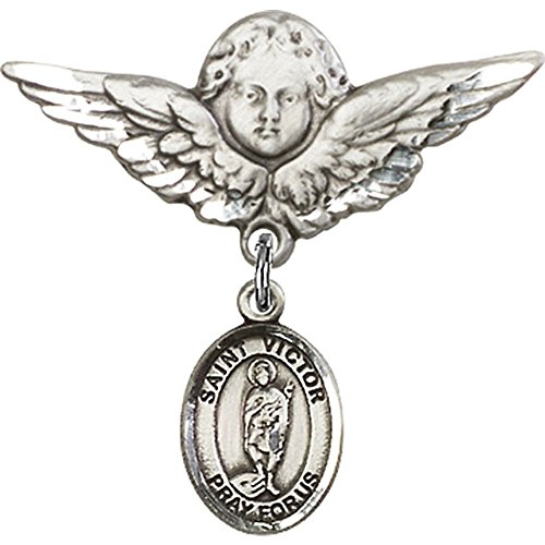 Crachá de bebê de prata esterlina com o charme de Marselha e St. Victor de Marselha e Angel W/Wings 1 1/8 x 1 1/8 polegadas