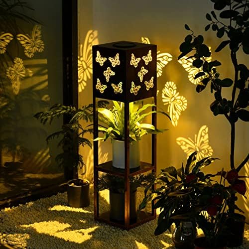 GCMACAU Grande lanterna solar ao ar livre à prova d'água, borboleta Hollow Out Luz de projeção com suporte de flor de 2 camadas, iluminação quente de metal premium, Luzes de paisagem solar para o jardim decoração do jardim