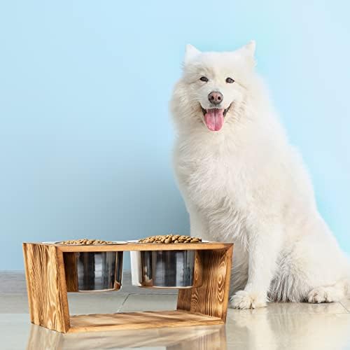 Tigela de gato de cachorro de madeira rústica Tigela elevada Pets Stand para cães grandes e gatos alimentadores de animais de estimação com duas tigelas de aço inoxidável