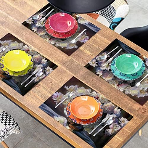 Placemats para mesa de jantar, tapetes de mesa laváveis ​​Conjunto de 4, pintura a óleo PEONY ART FLORAL