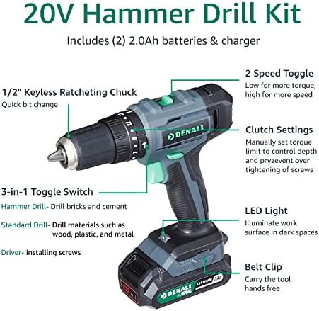 Brand - Denali by Skil 20V Cordless Hammer Drill Drill Kit com baterias e carregador de lítio 2.0ah