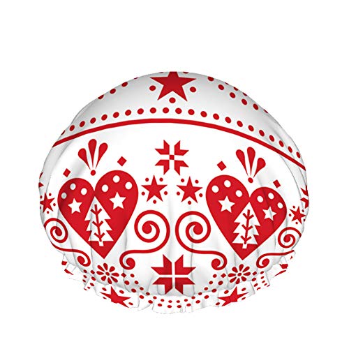 Moslion estilo nórdico padrão de natal tampa de chuveiro reutilizável Vermelho e branco Heart Tree Snowflake Design Folk touca de chuveiro grande boné de banho, tampa de banho, tampa de cabelo para mulheres cabelos longos