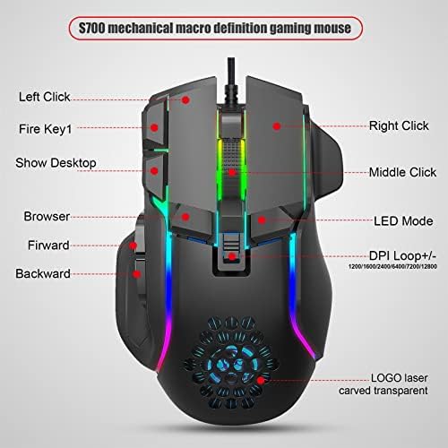 AtraMee S700 Gaming Mouse Wired, 12800 dpi de alta precisão PC Camundongos de computador com 10 botões programáveis, 13
