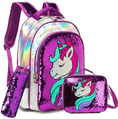 Girls Unicorn Reversible Reversível Mochila de lantejoulas Mágica Glitter Glitter Livro da escola para meninas Backpack Bling com lancheira… Média