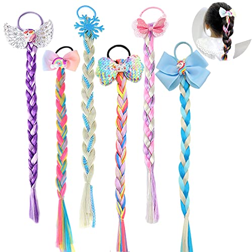 6pcs garotas coloridas tranças extensões de cabelo com elásticos, peças de cabelo trançadas de arco -íris