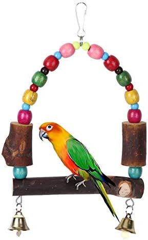 Pássaro pendurado na gaiola gaiola brinquedo de giro, bobo de mastigação de pó de madeira com sino para pequenos papagaios de tamanho médio