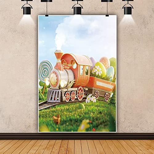 Passo -cenário do trem de desenho animado yeele 9x15ft ovos de páscoa fundo para fotografia faixa ferroviária trilha primavera