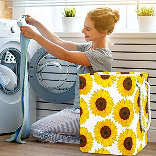 Deyya Cestas de lavanderia impermeabilizadas altas altas resistentes de girassol amarelo padrão floral cesto de estampa branca para