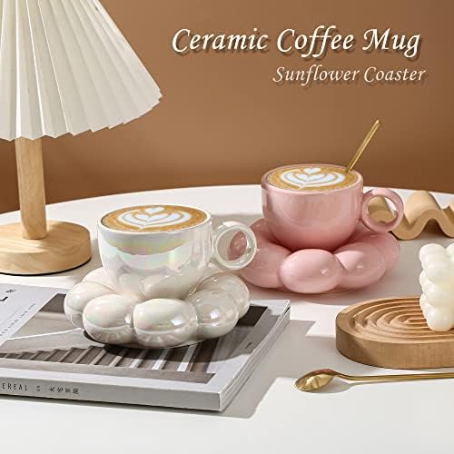 FX Curâmica Caneca de Café Cerâmica Conjunto Com Spoon, Copo Criativo Cute com Coaster de Cloud Sunflower Para Office Home,
