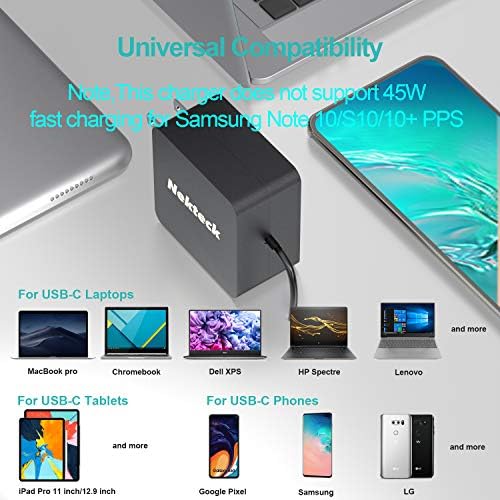 Carregador USB-C de 45W de NEKTECK com cabo anexado de 6 pés de comprimento, pd.3 [certificado USB-IF], compacto Super Fast Charger Tipo C para MacBook, Dell XPS, Surface Go, iPhones, Galaxy