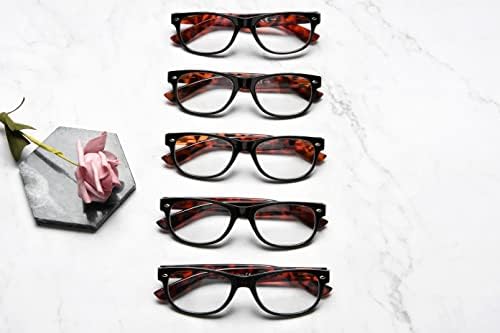 Eyekepper Classic 80's Reading Glasses for Women 5 Pars Black Frame com Tortoie Arms Readers +3.00
