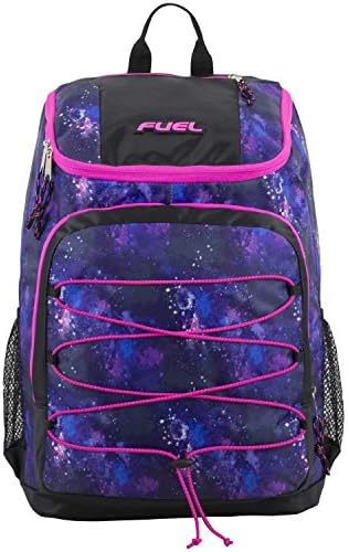 Backpack de esportes de boca larga de combustível com bungee frontal e bolso de tecnologia interna, impressão preta/rosa quente/galáxia
