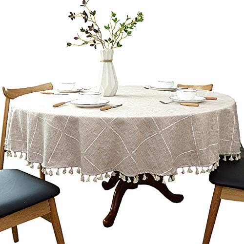Toleta de mesa de linho de algodão pesada, tampa da mesa redonda de borla xadrez para decorações de mesa de jantar da sala de jantar,