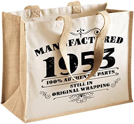 Presentes de sacola de 70 anos para mulheres - Bolsas de ombro de juta de algodão reutilizável para compras - fabricadas 1953 Natural -L