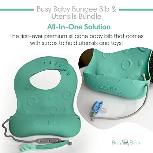 Pacote de bungee de bebê ocupado e utensílios | Bibs de silicone para bebês e crianças com malhas para anexar utensílios e mantê -los fora do chão | Lavagem de louça segura, BPA grátis