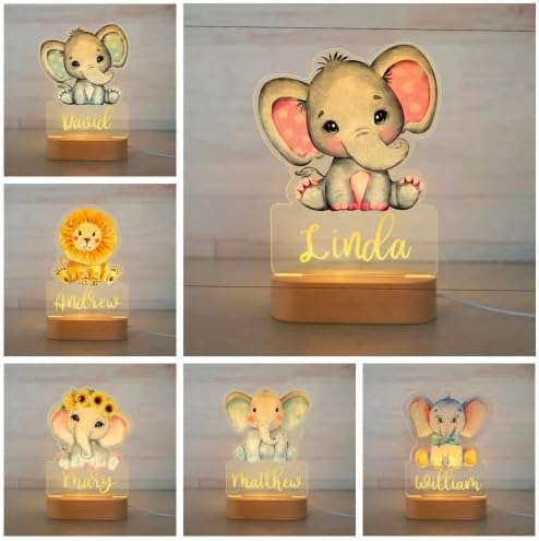 GUF Luz noturna personalizada, para crianças, meninas, meninos, bebê, lâmpada personalizada com nome, elefante/leão Luzes noturnas