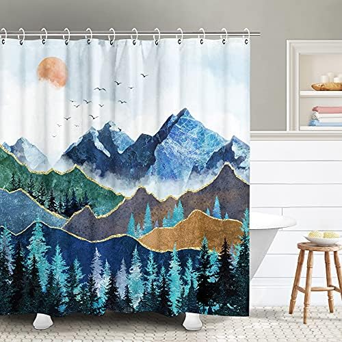 Cortina de chuveiro da montanha de rosielilia, cortina de chuveiro da natureza, cortina de chuveiro azul, ganchos, cortina de