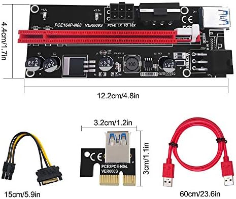 N N.Aranie 6 Pack PCIE RISER Adaptador Card para GPU Crypto Mining16x a 1x com extensão de gráficos LED Ethereum Eth Mining Riser Powerd Riser Card e 60 cm de cabo USB 3.0