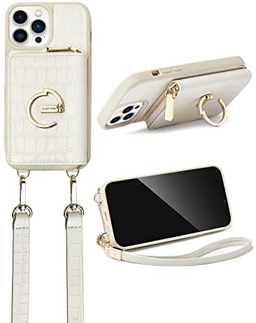 Custype para o iPhone 13 Pro Max Case Wallet com porta -cartas para mulheres, estojo de crossbody com cordão de pulso de cinta, bolsa de bolsa de couro protetora com anel para apple iphone 13 pro max, 6,7 polegadas, branco
