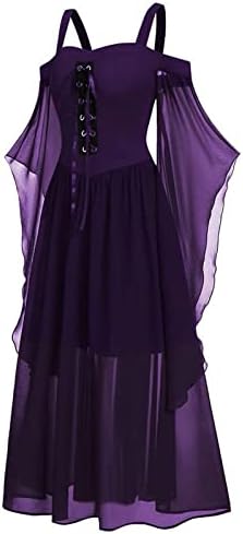 Trajes femininos de Halloween, vestidos góticos de ombro frio, steampunk medieval de renda vintage up vestido de manga borboleta