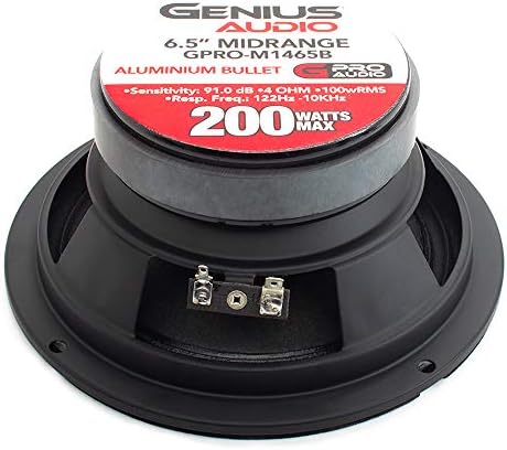 Genius Audio GPRO-M1465B 6.5 Alto-falantes de médio porte, 200 watts max 100 watts rms, Pro Audio, alto-falante de áudio de carros de alumínio, ímã de ferrite, 4 ohm, cone reforçado com cone de papel
