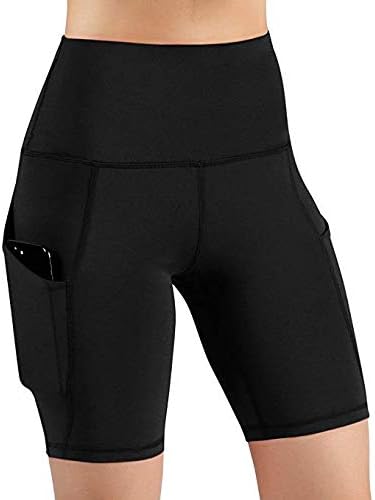 Yangyy qingbo feminino de ioga de barriga curta Controle atlético Treino de cintura alta executando shorts com bolsos pretos,