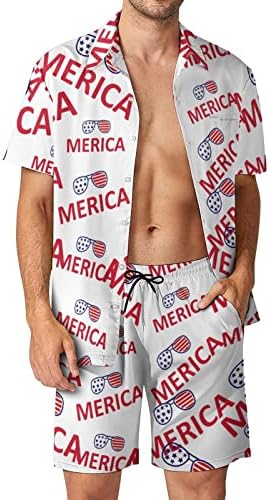 WeedkeyCat American Flag Glassess Men's Beach Roupfits 2 peças Button Hawaiian Down Camise