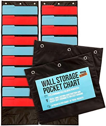 2 -Pack Premium Wall Storage Pocket Charts/Pasta Hanging Organizadores - Preto, 10 bolsos por peça - o gráfico de bolso ideal para