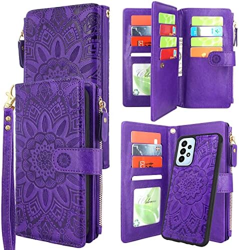 Harryshell Compatível com Samsung Galaxy A23 4G /5G Caixa de carteira com capa de telefone magnética destacável com zíper de bolso de bolso de bolso de cartões de cartões de cartas pulseiras pulseiras Strap Strap