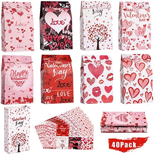 Bolsas de presente dos namorados favores de festa - 40 PCs Valentine Paper Sacols + 42 PCs adesivos de namorados para crianças