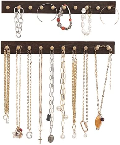 Mkono colar por suporte de parede Montado com 2 Jóias de jóias de colar de madeira rústica Organizador pendurado com 20 ganchos redondos dourados, ganchos de jóias para colares, pulseiras, correntes, chaves, marrom