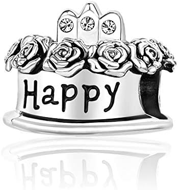 Jóias SBI Feliz Aniversário Charme para pulseiras para mulheres meninas Cristal Birthstone Pedra Flores de rosa Flores de bolo Charme