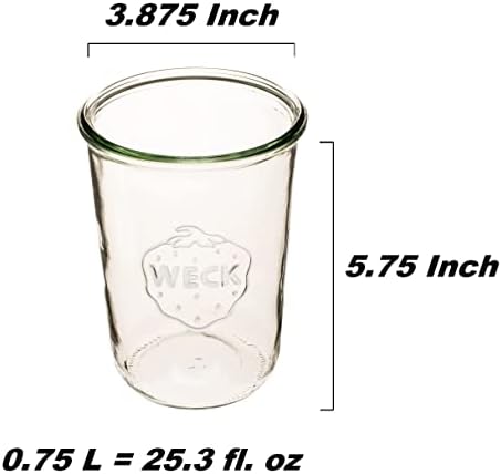 Jarros de Canning Weck 743 - Jarros de molde feitos de vidro transparente - Eco -amigável - Armazenamento para alimentos, iogurte com selo apertado de ar e tampa - Jarros de altura de 3/4 litros