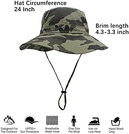 Camuflagem algodão largo Sol chapéu, UPF 50+ Proteção UV Bucket respirável com cinta de queixo ajustável para safari