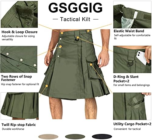 Kilt masculino de gsggig para homens kilts táticos para homens, homens kilts irlandeses escoceses saia masculina com bolsos de carga