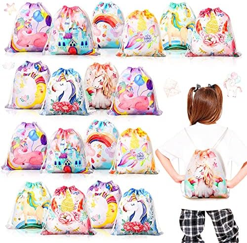 18 peças Unicorn Saco de cordão de tração de tração de aquarela unicórnio backpack backpack unicórnio feste saco saco unicórnio bolsas de presente para garotas para garotas