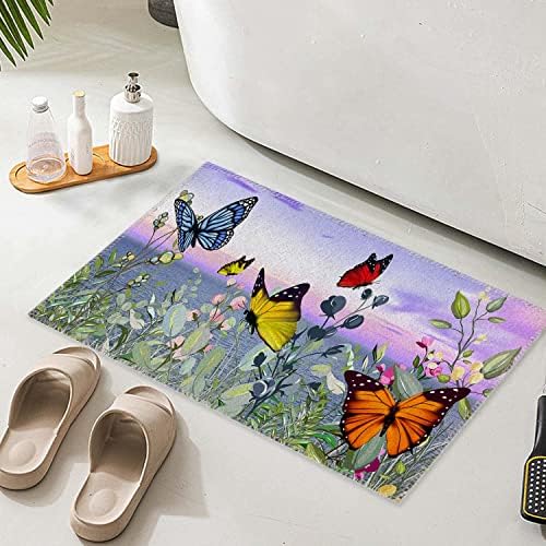 Tapete de banheiro, tapete de banho sem deslizamento, borboletas em flores, tapete de piso de microfibra absorvente macio, lavável máquina, 18 x 30 polegadas